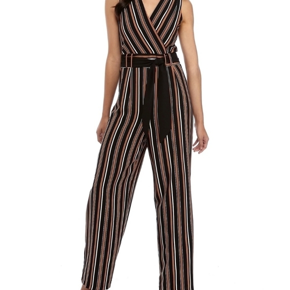 Emma & Michele Jumpsuit Pamtsuit Black Turquoise Striped Sleeveless Size M - Picture 2 of 10